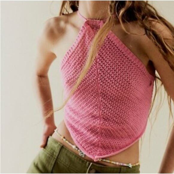 Free People FP BEACH June Fauxchet Sweater Halter Top Pink Size Small - Picture 1 of 5